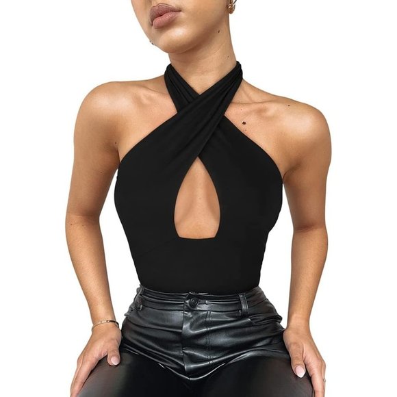 Women's Sexy Criss Cross Halter Neck Bodysuits Sleeveless Thong Tops Clubwear - Picture 4 of 5